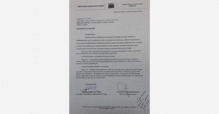 Empresa DBS Pavimentação de Obras Eireli foi notificada e advertida pela prefeitura